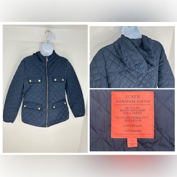 J. Crew‎ Signature Hooded Puffer Jacket Small Navy Hooded Quilted Primaloft Warm - Picture 1 of 14